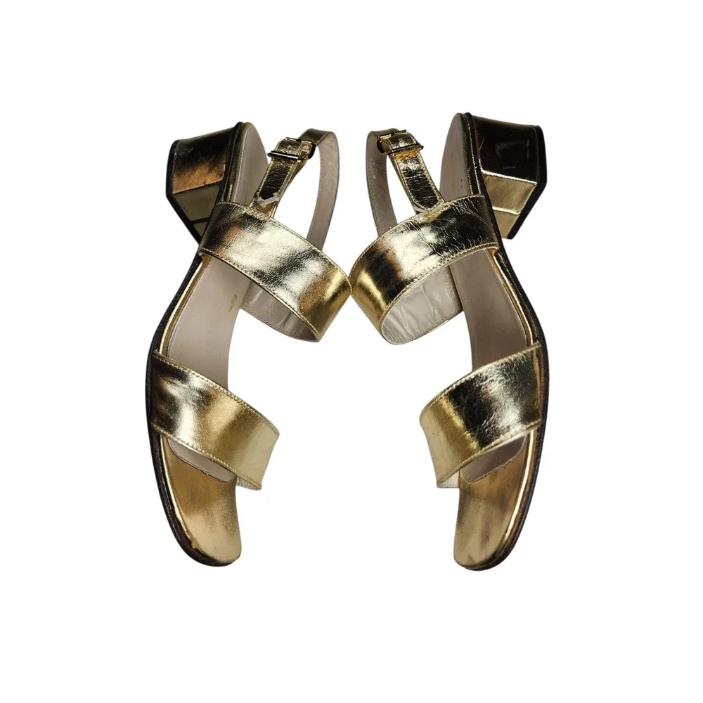 Vintage Pappagallo Gold Metallic Double Strap Block Heel Sandal Mod Disco 60s 7M